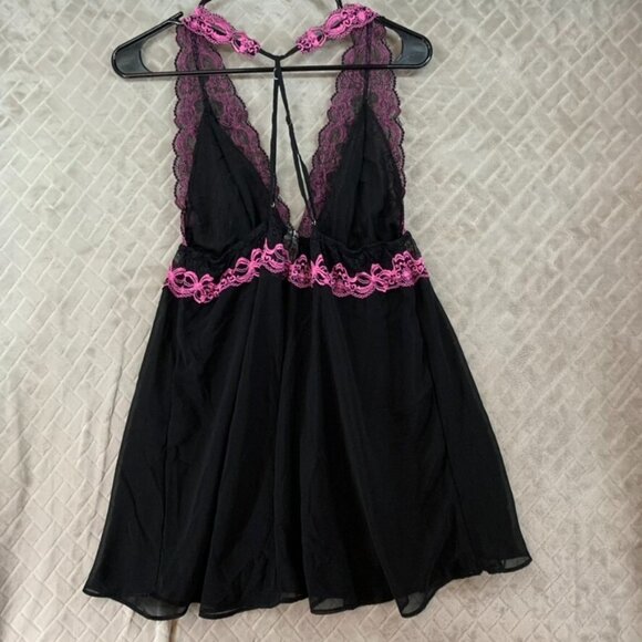 Womans Large Lingerie Top Black Pink Lace Fit & Flare Adjustable Strappy Sleeve - Picture 8 of 11